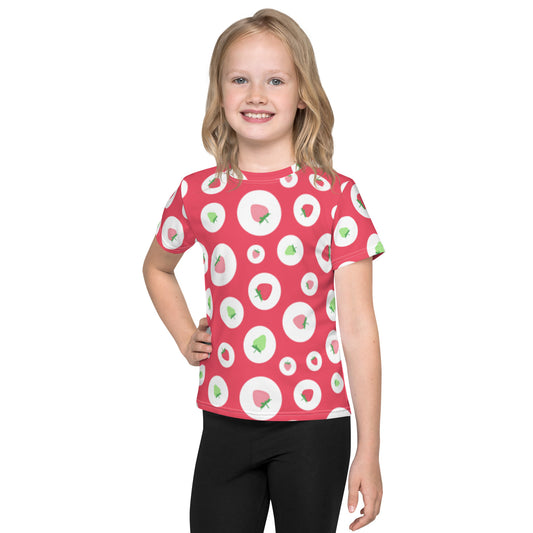 Red White & Green Strawberries Polka Dots Pattern Kids Crew Neck T-shirt