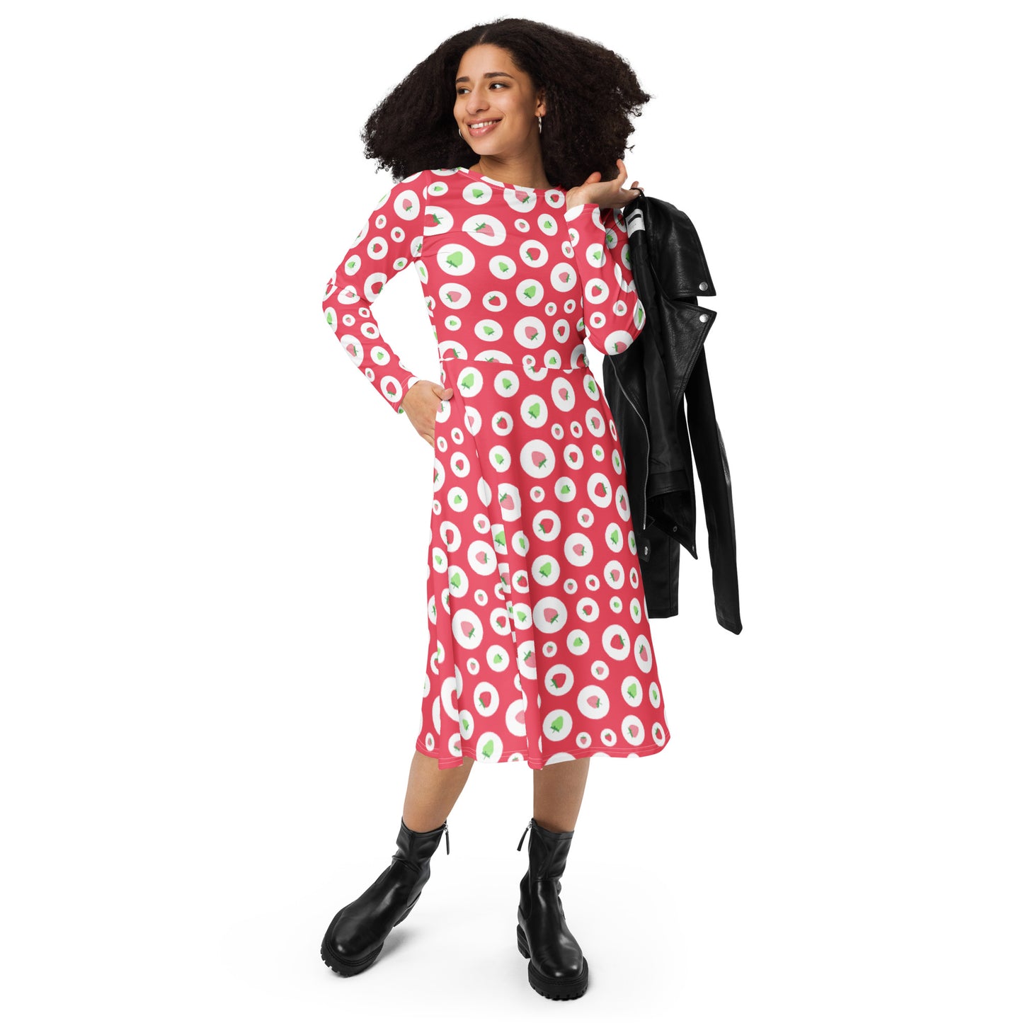 Red Green & White Polka Dot Strawberries Pattern Long Sleeve Midi Dress With Pockets