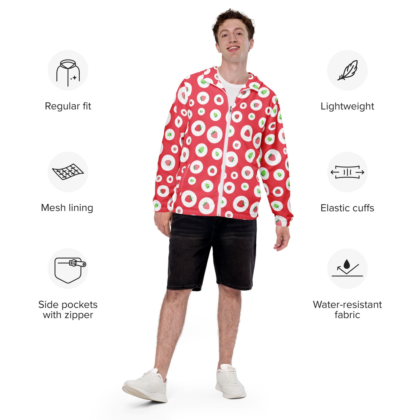 Red White & Green Polka Dot Strawberries Pattern Men's Windbreaker