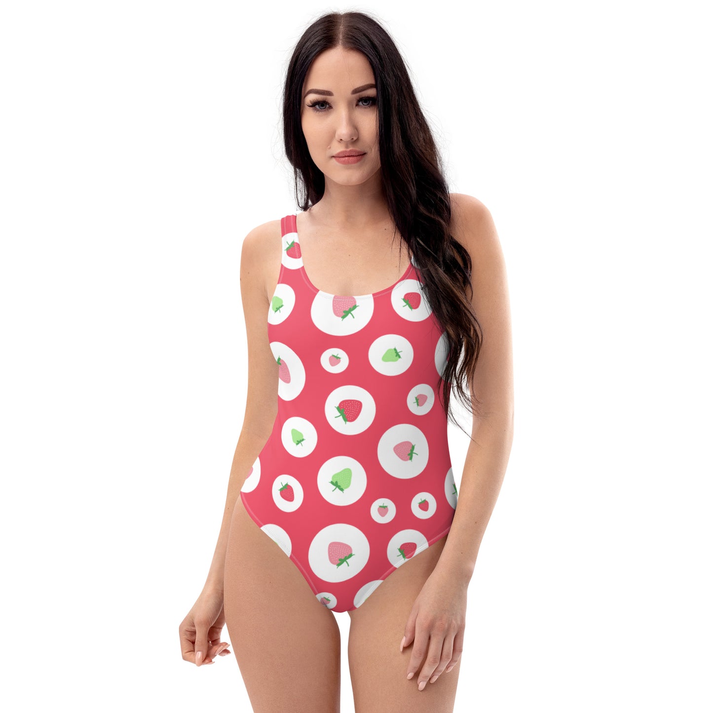Red Green & White Polka Dot Strawberries Pattern One-Piece Swimsuit