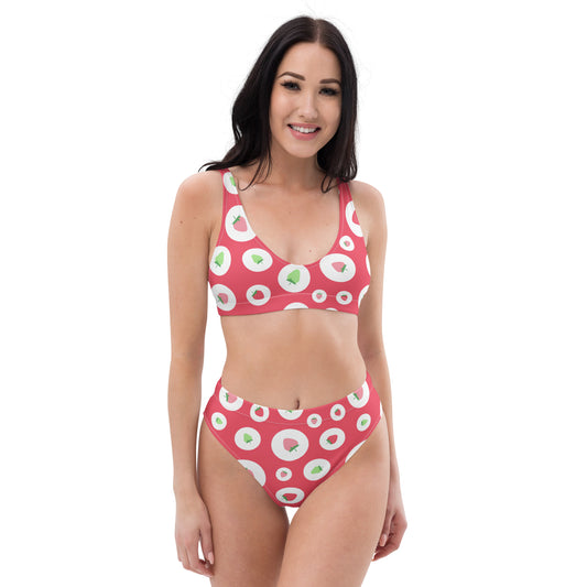 Red Green & White Polka Dot Strawberries Pattern High-Waisted Bikini