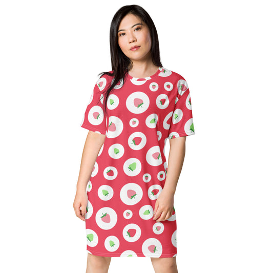Red white & green polka dot strawberries pattern T-shirt dress
