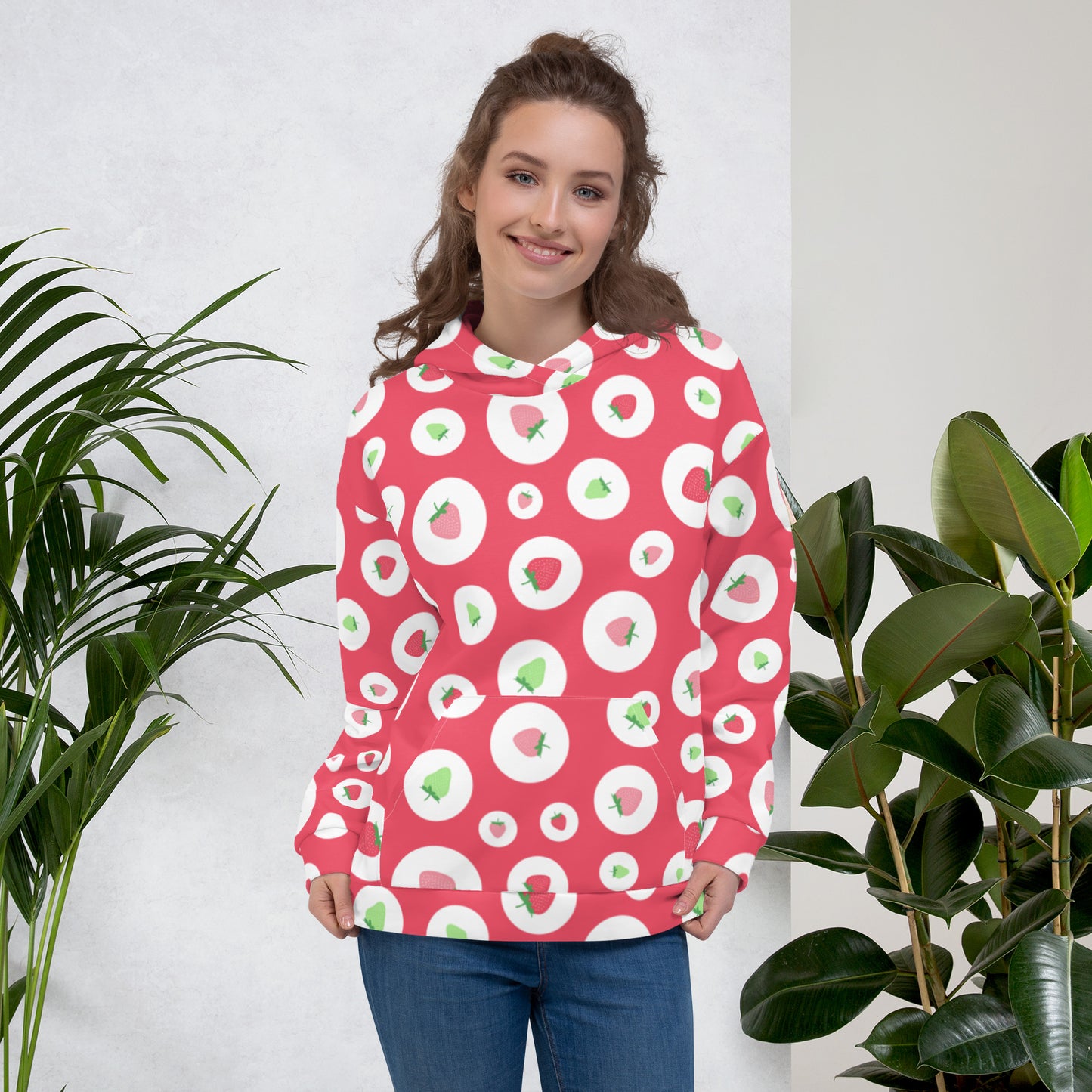 Red white & green polka dot strawberries All-Over Print Unisex Hoodie