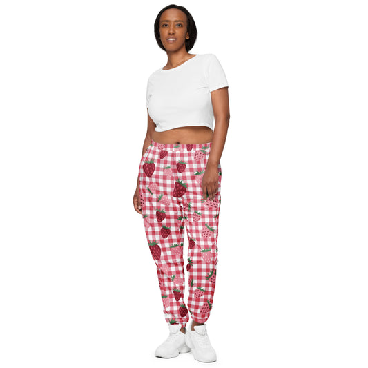 Strawberry Gingham Track Pants - Unisex All-Over Print Joggers - Cute Checkered Sweatpants - Kawaii Streetwear Fun Activewear
