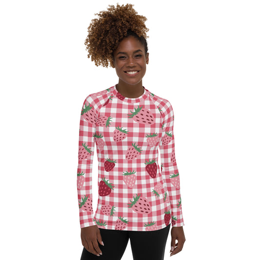 Red & white strawberries checkerboard pattern Rash Guard