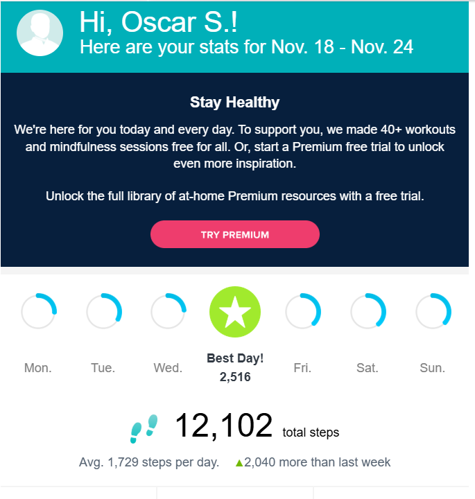 Weekly Progress Walking Stats  Nov 18 - Nov 24