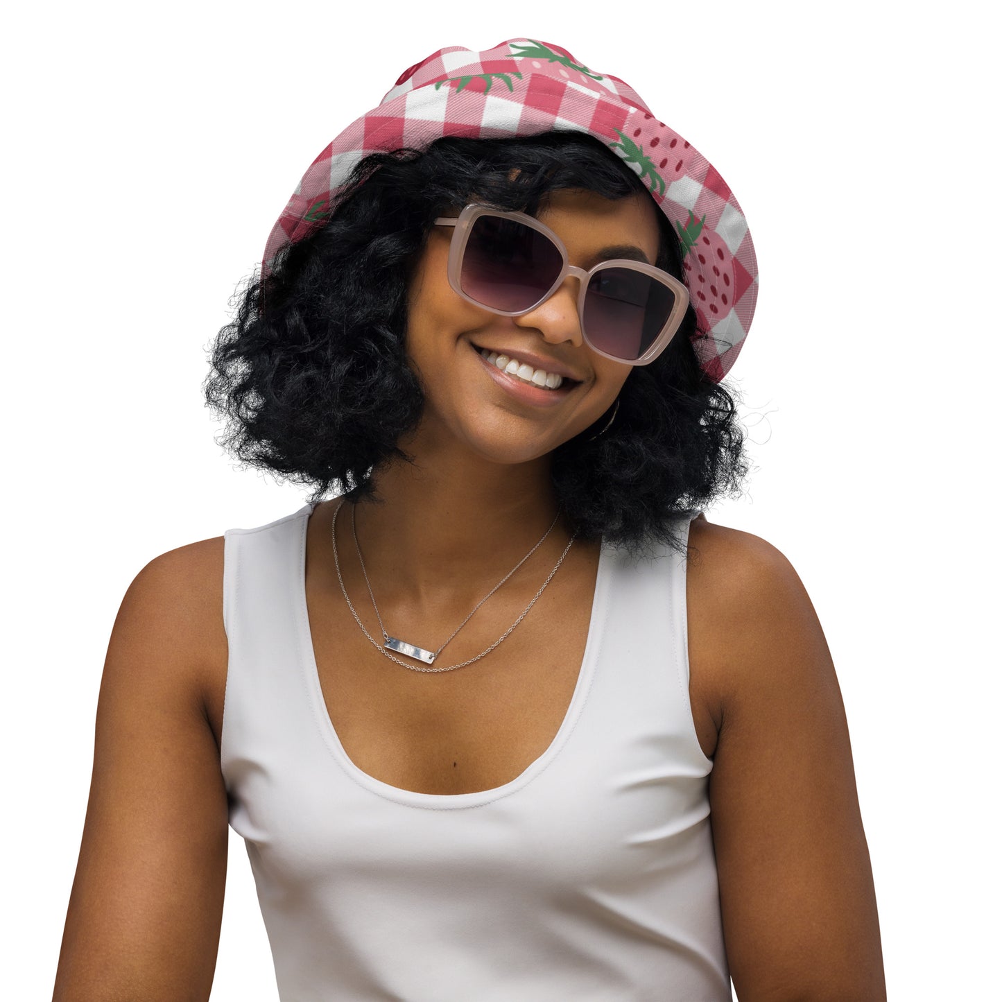 Red & white strawberries pattern  Reversible bucket hat