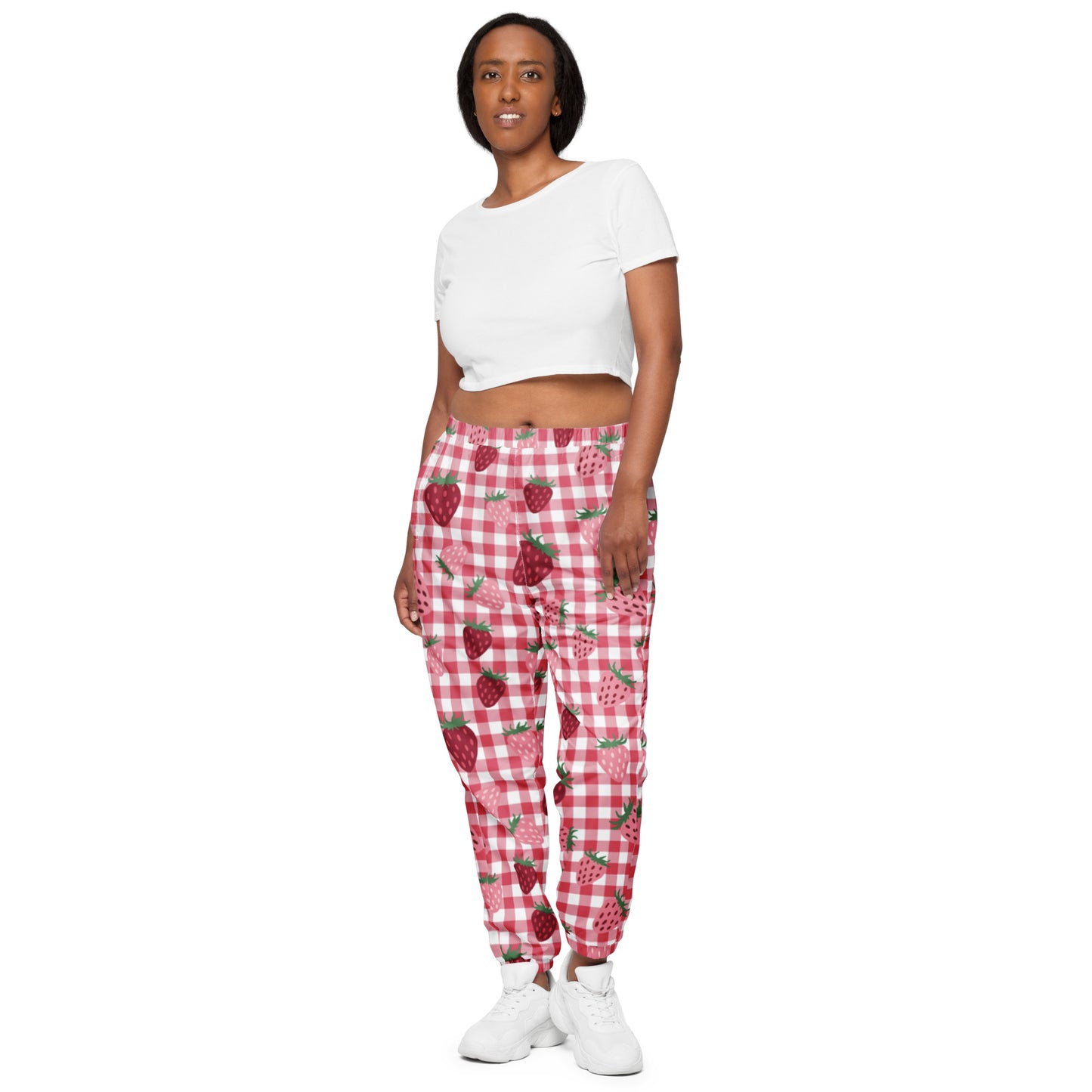 Red & white strawberries checkerboard All-Over Print     Unisex track pants