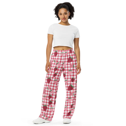 Red & white strawberries pattern  unisex wide-leg pants