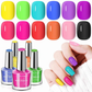 Set of colorful nail polishes with corresponding bottles and a hand with painted nails.