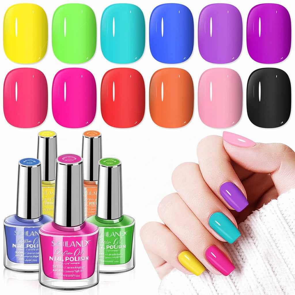 Set of colorful nail polishes with corresponding bottles and a hand with painted nails.